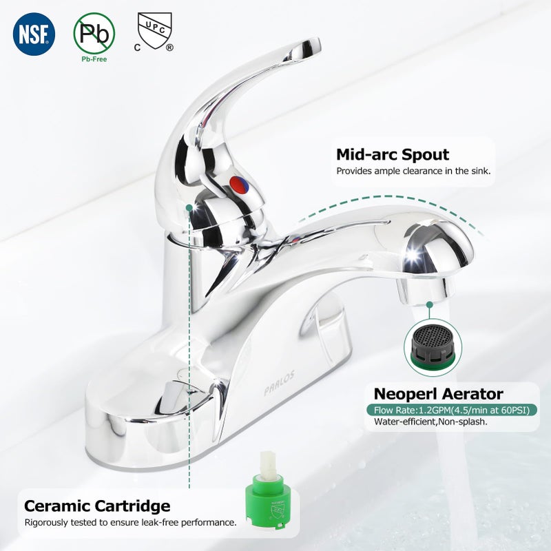 PARLOS Single Handle Mid Arc Centerset Bathroom Sink Faucet with Metal Drain Assembly and cUPC Faucet Supply Lines, Lead-Free, Chrome 13433 - Image 2